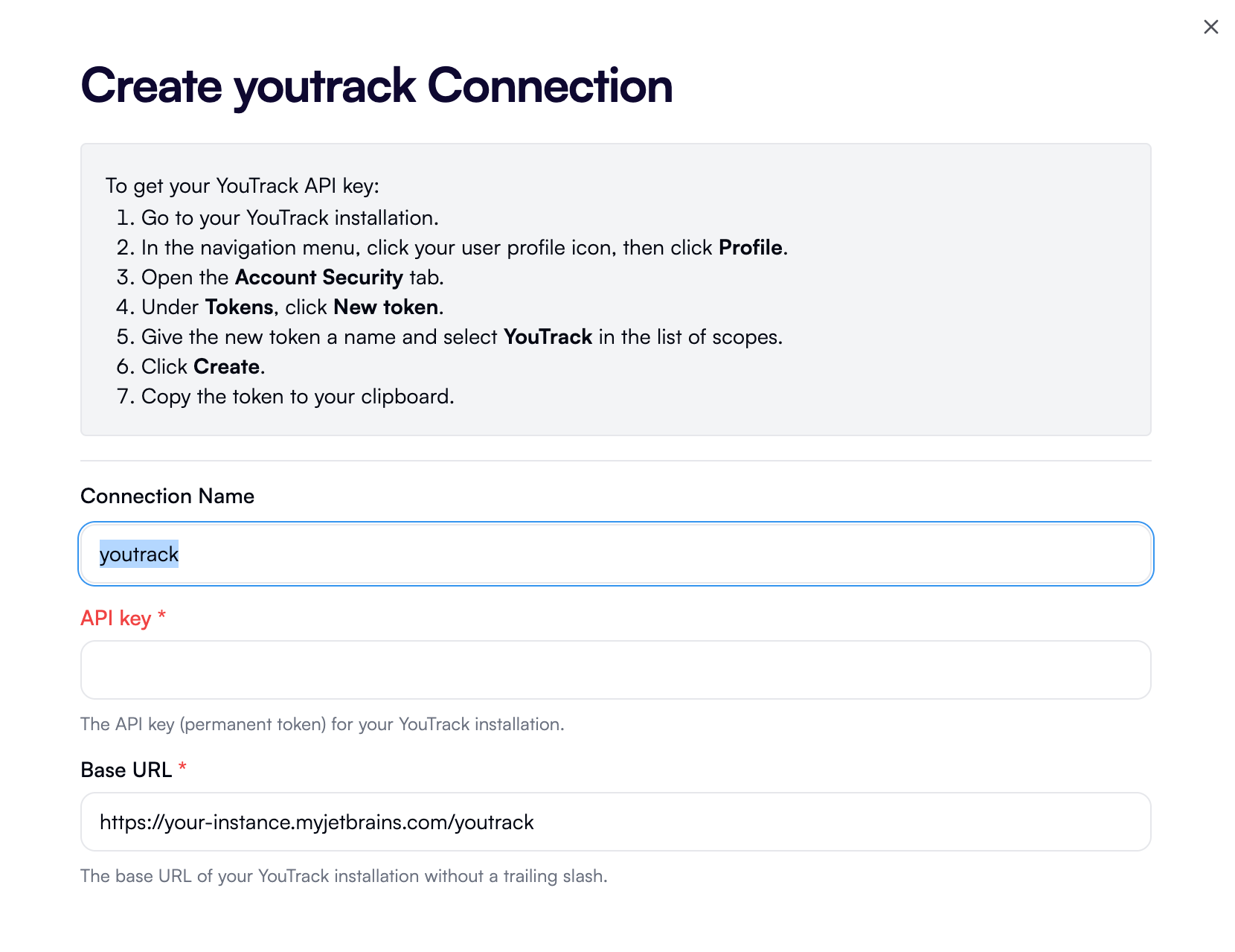 A YouTrack connection dialog