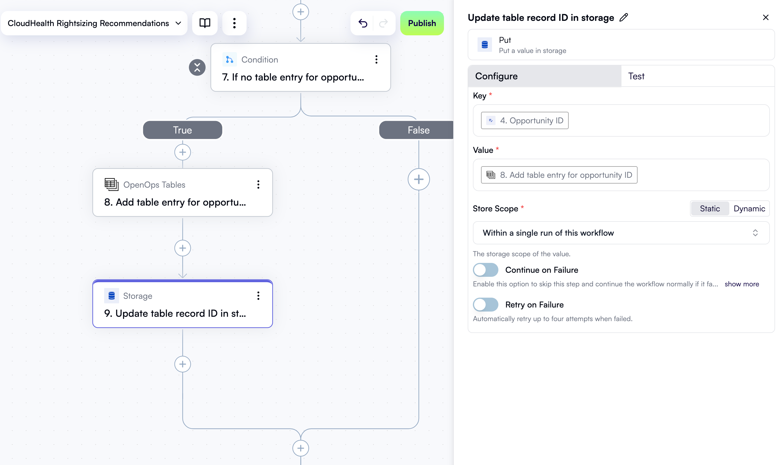 A configured step to update storage with table entry ID