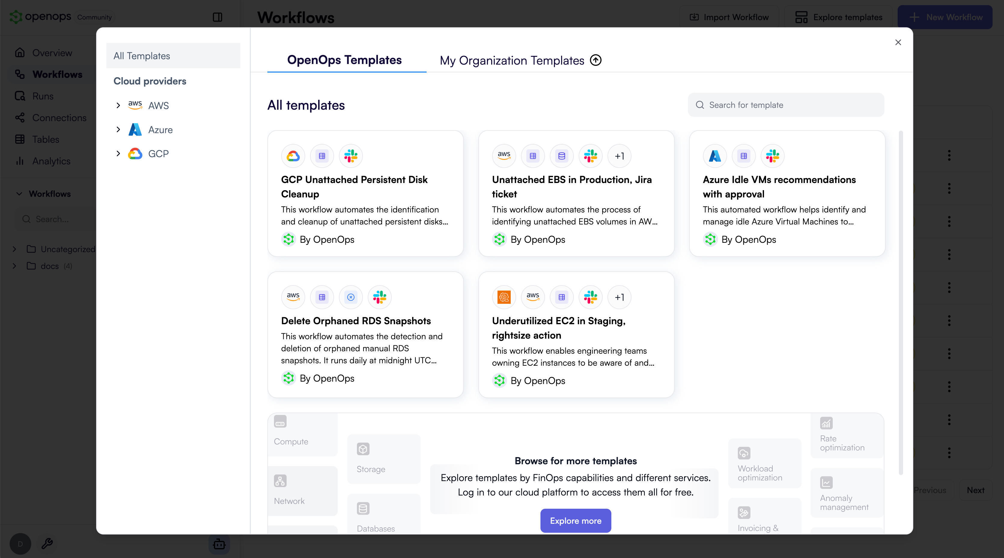 OpenOps template catalog before signing up with OpenOps Cloud