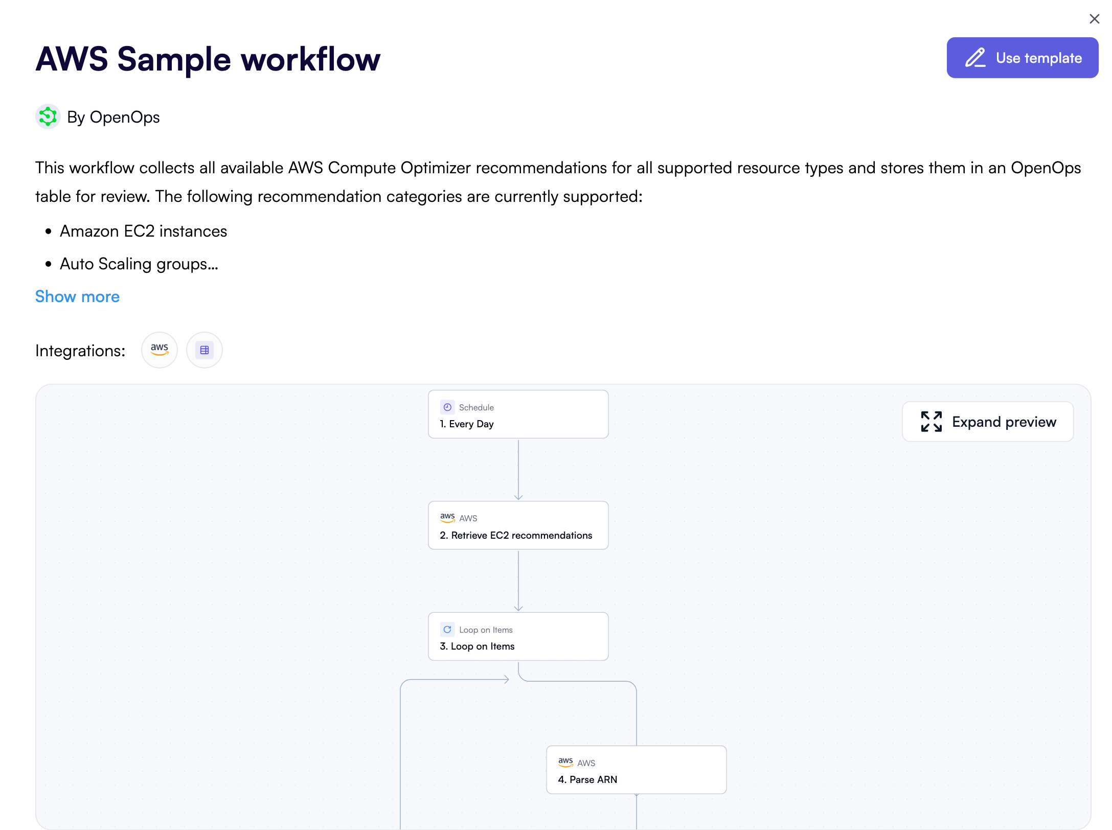 AWS sample workflow - use template