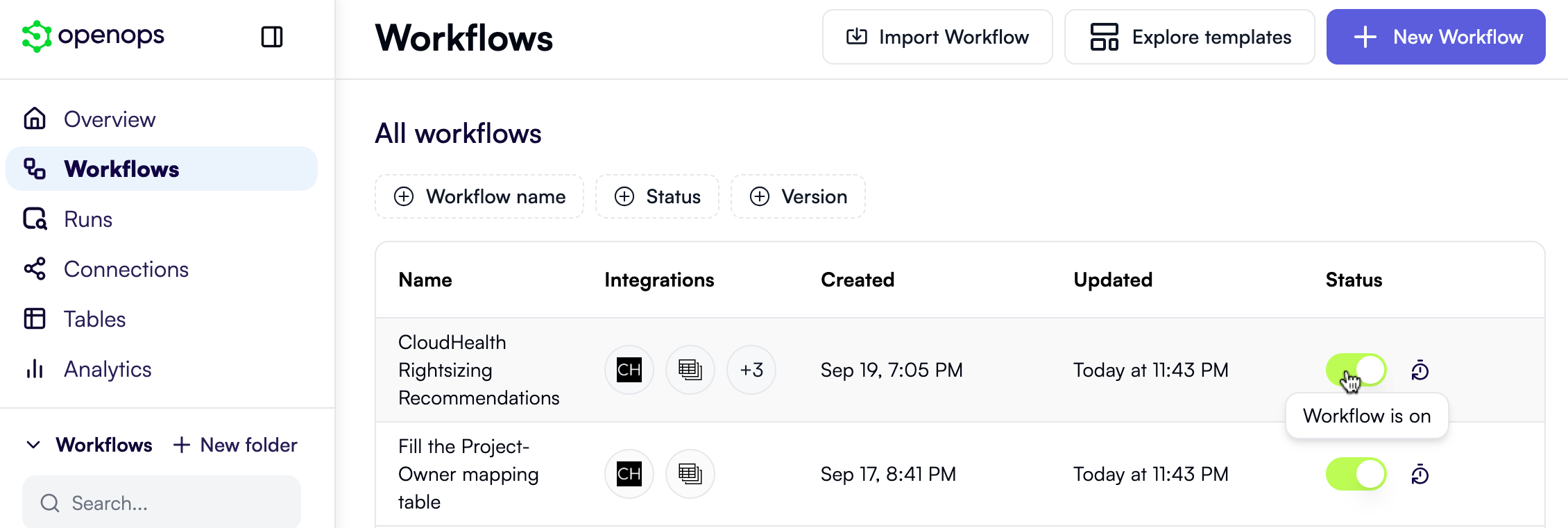 Your workflows in the Workflows list