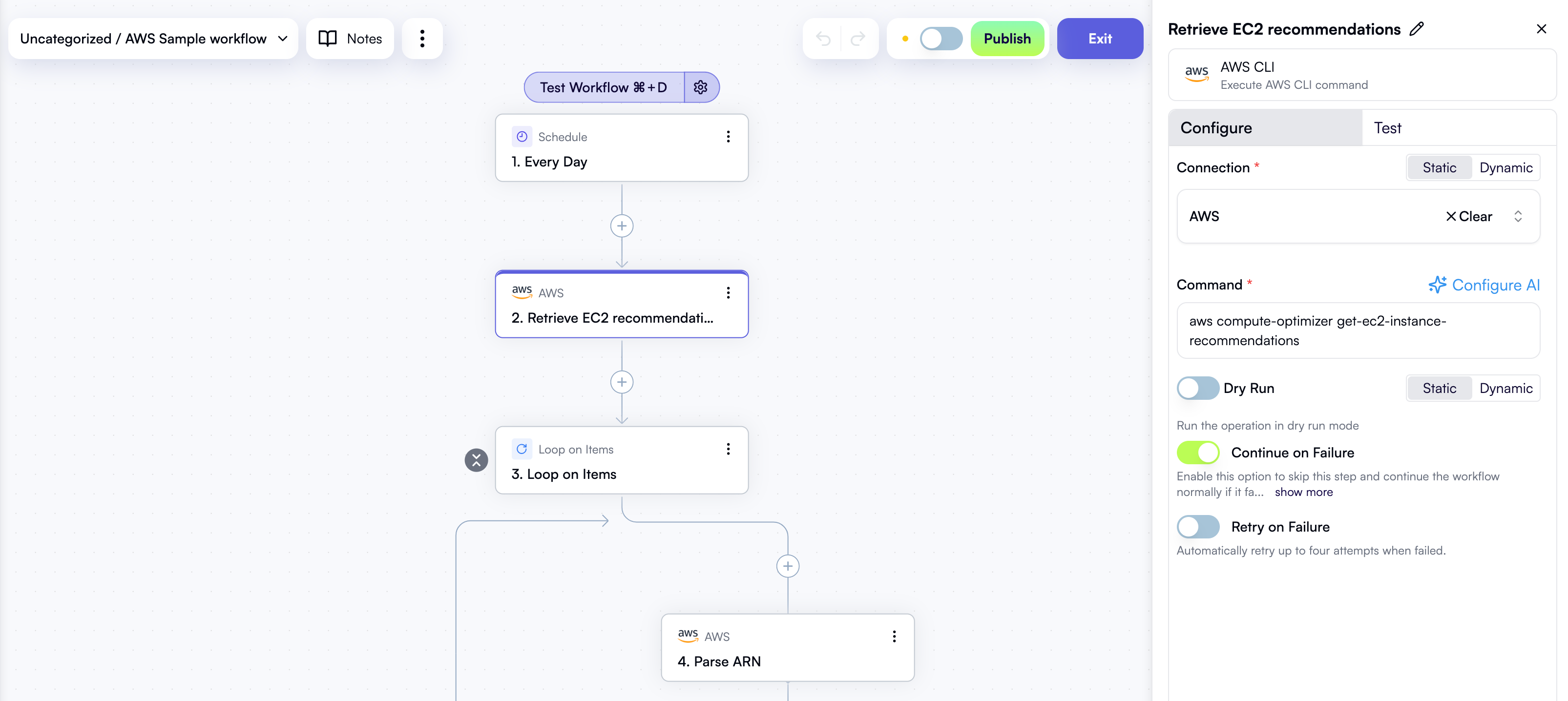 Step properties in the workflow editor