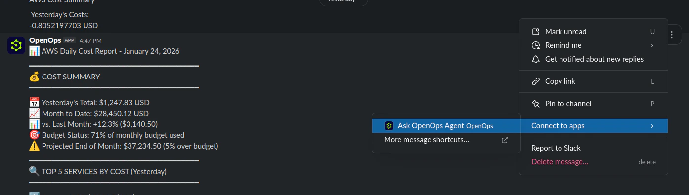 Ask OpenOps Agent shortcut