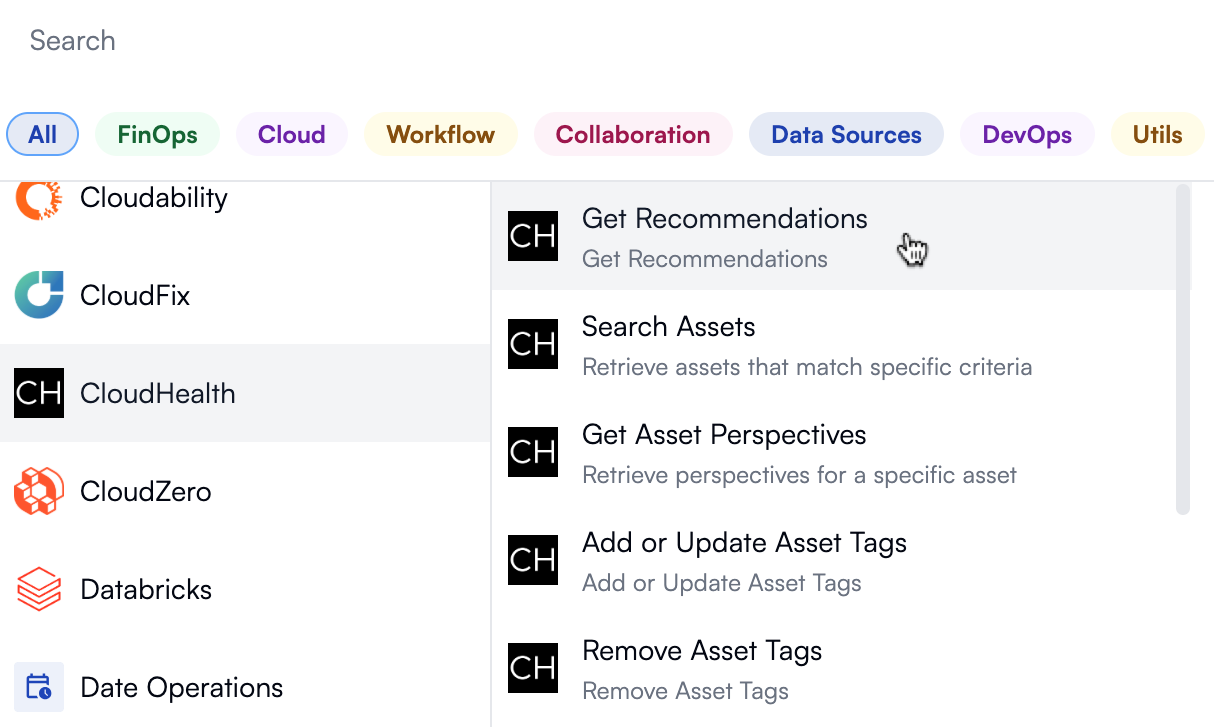 Selecting a CloudHealth action