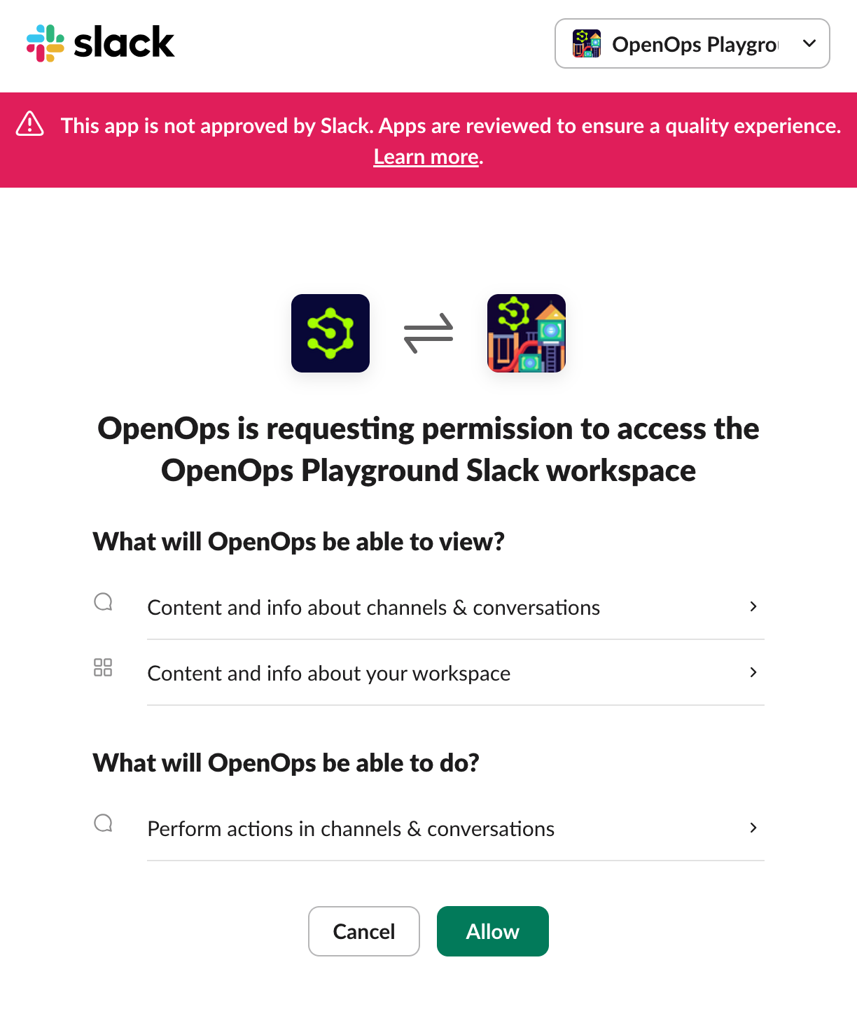Authorizing OpenOps to connect to Slack