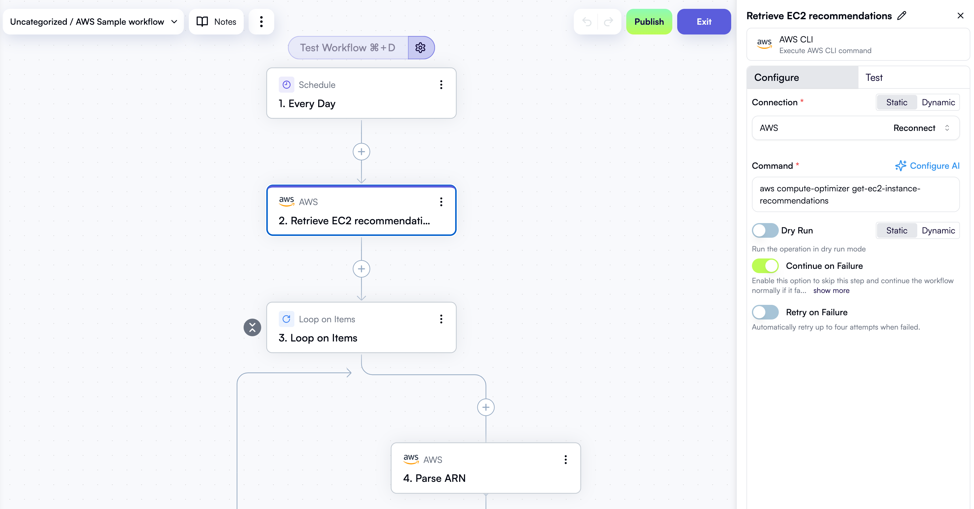 Step properties in the workflow editor