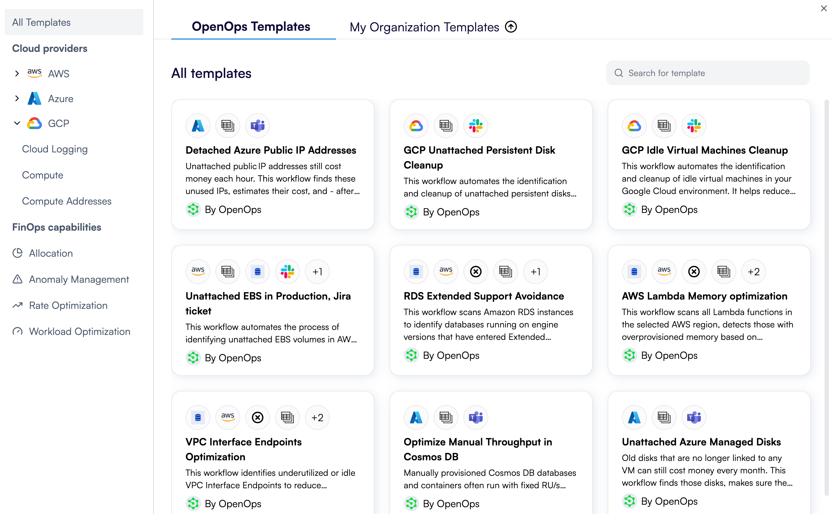OpenOps template catalog after signing up with OpenOps Cloud