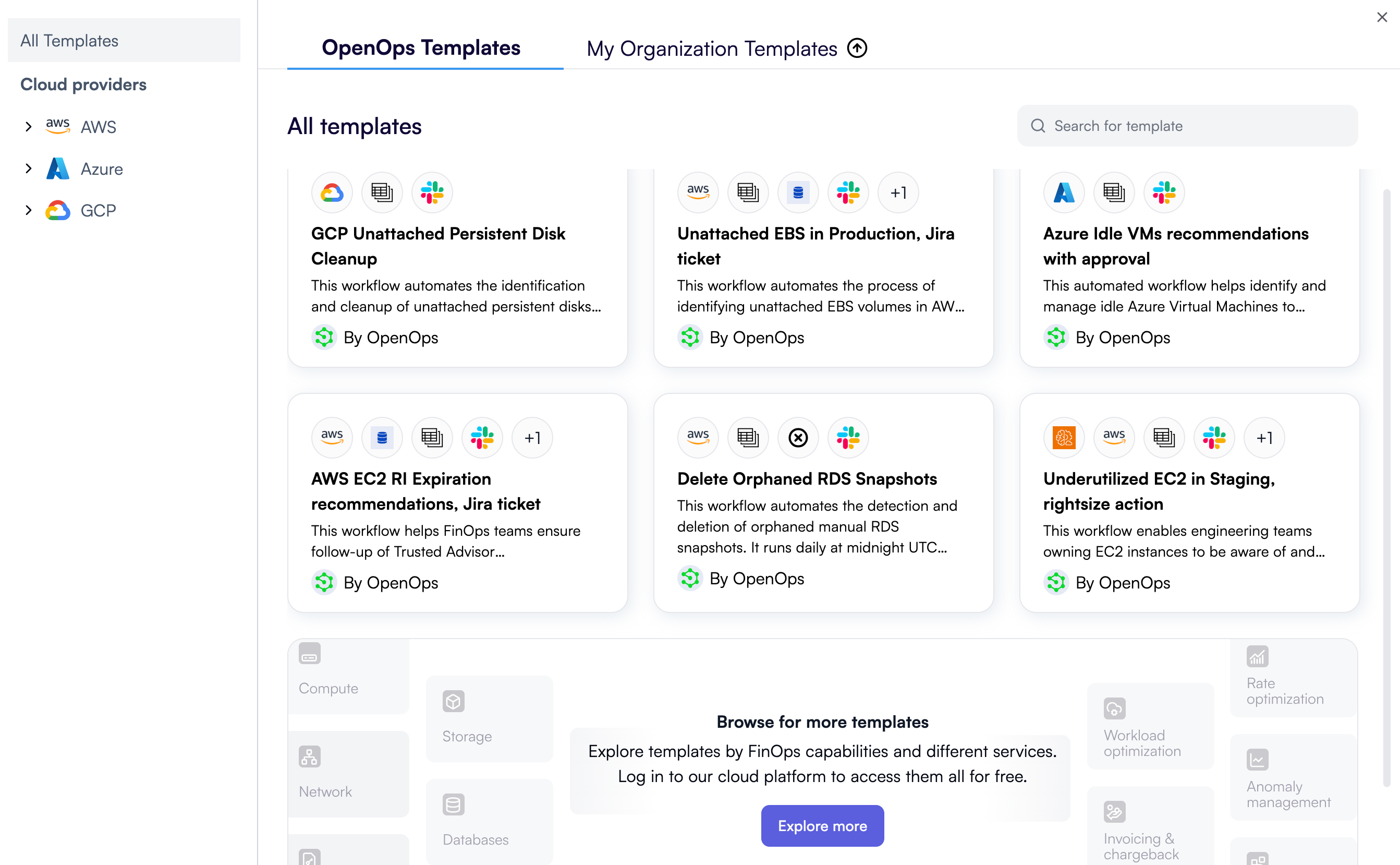 OpenOps template catalog before signing up with OpenOps Cloud