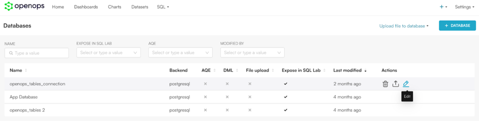 Editing a database connection