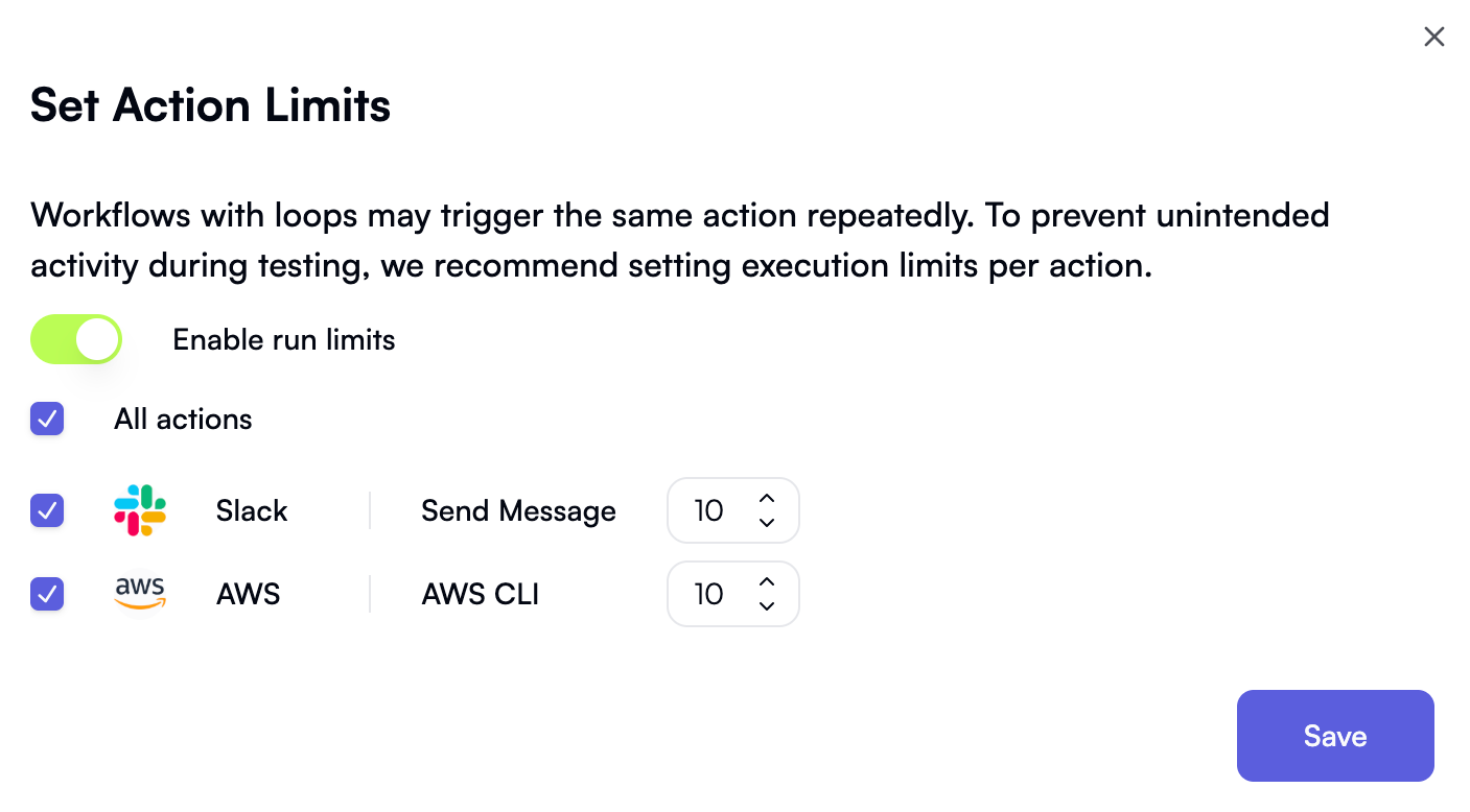 Set Action Limits dialog