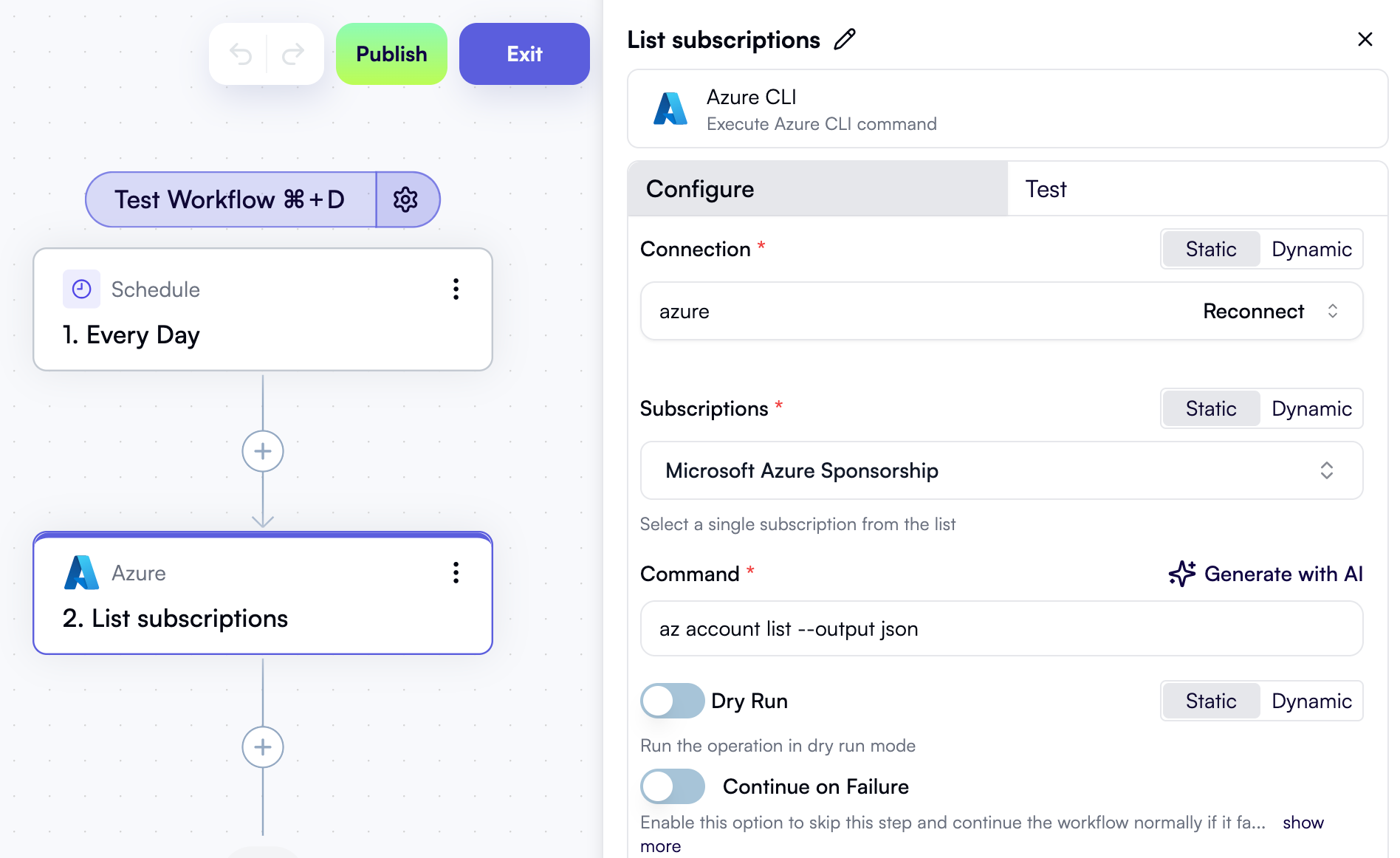 An Azure CLI action to get the list of subscriptions