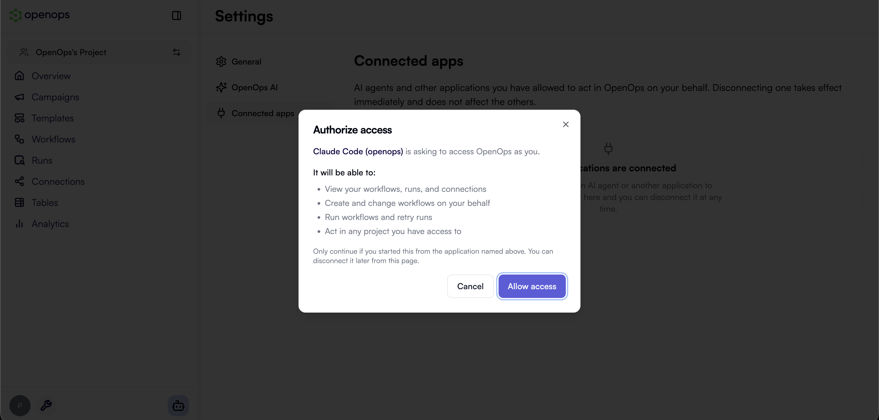 Authorize access dialog
