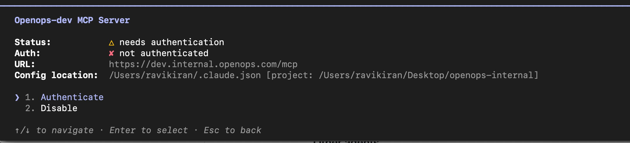 The openops server details in Claude Code with the Authenticate option