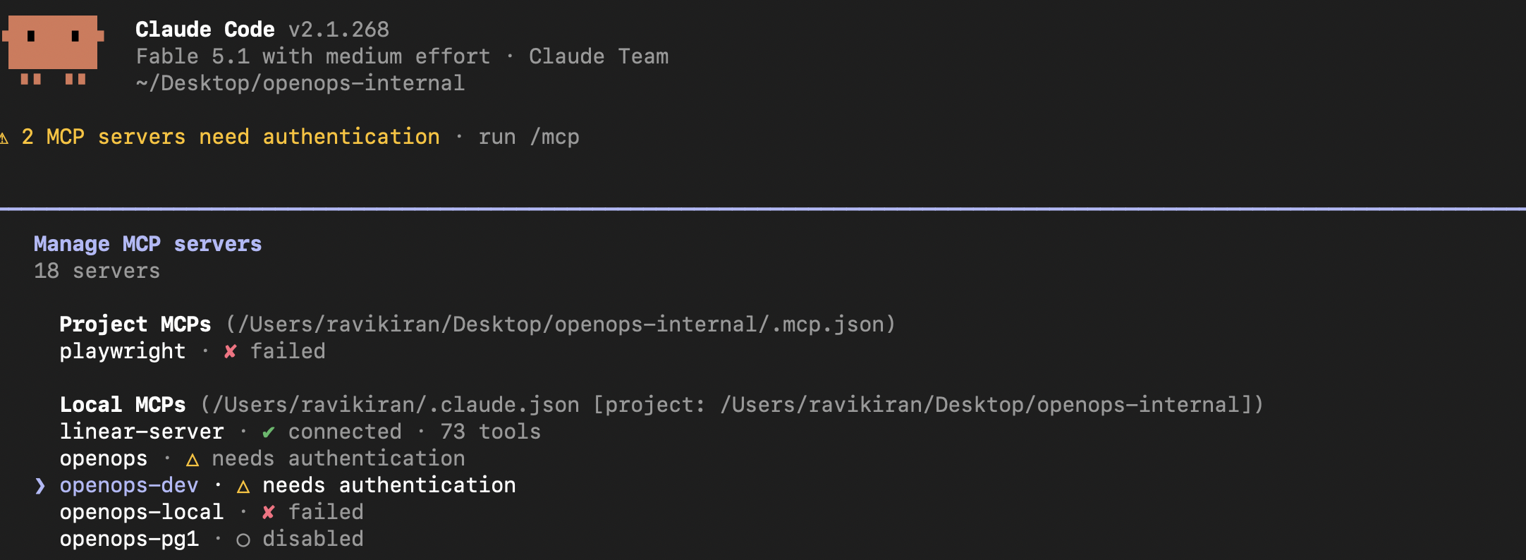 The /mcp server list in Claude Code