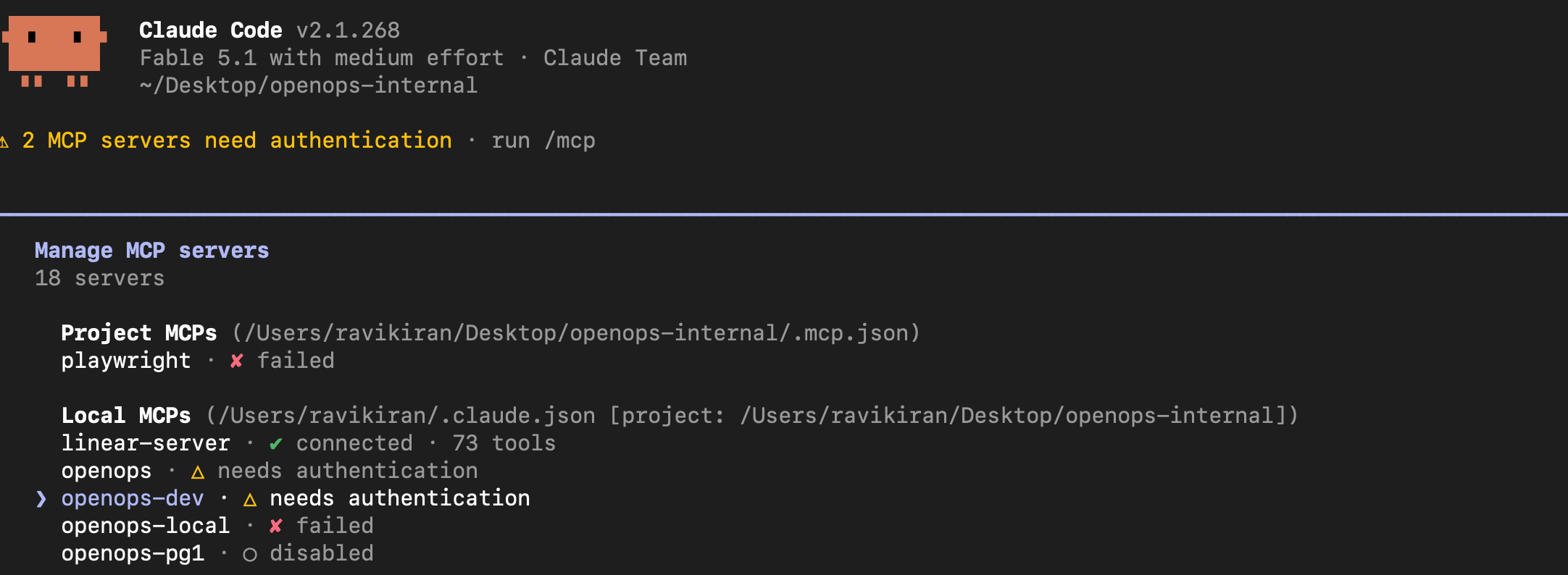The /mcp server list in Claude Code