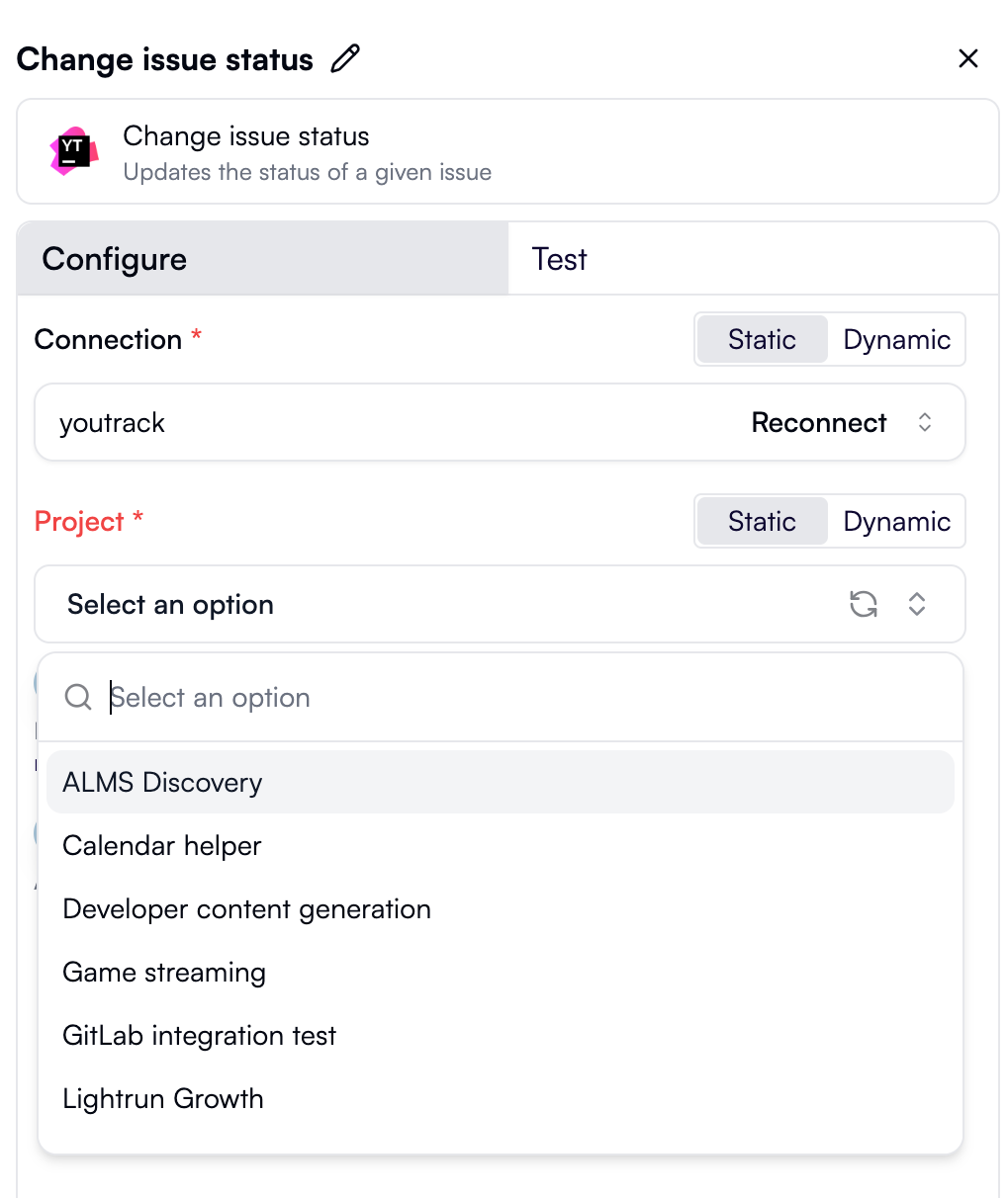 The Project dropdown