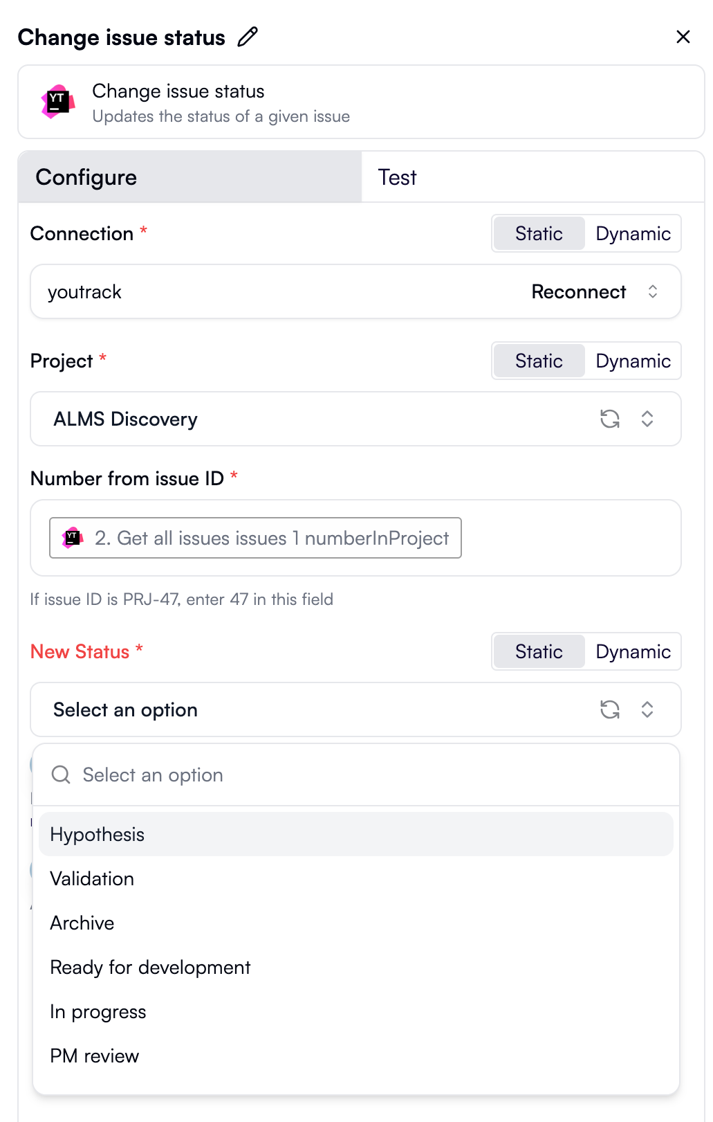 The New Status dropdown