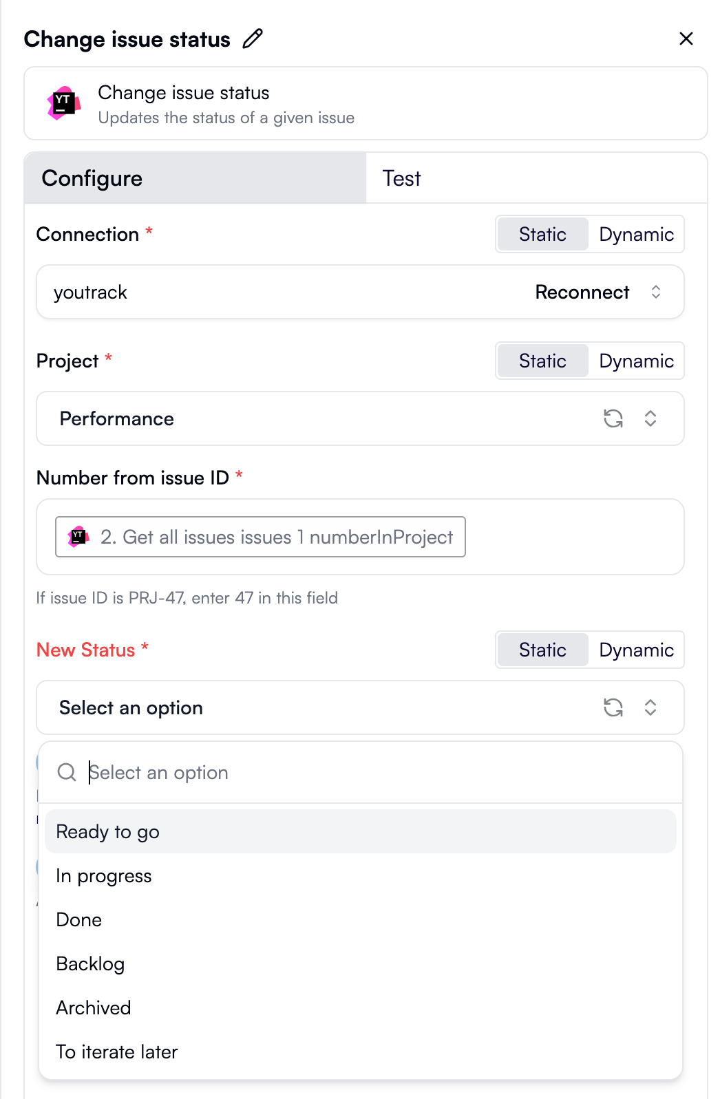 The New Status dropdown for a different project