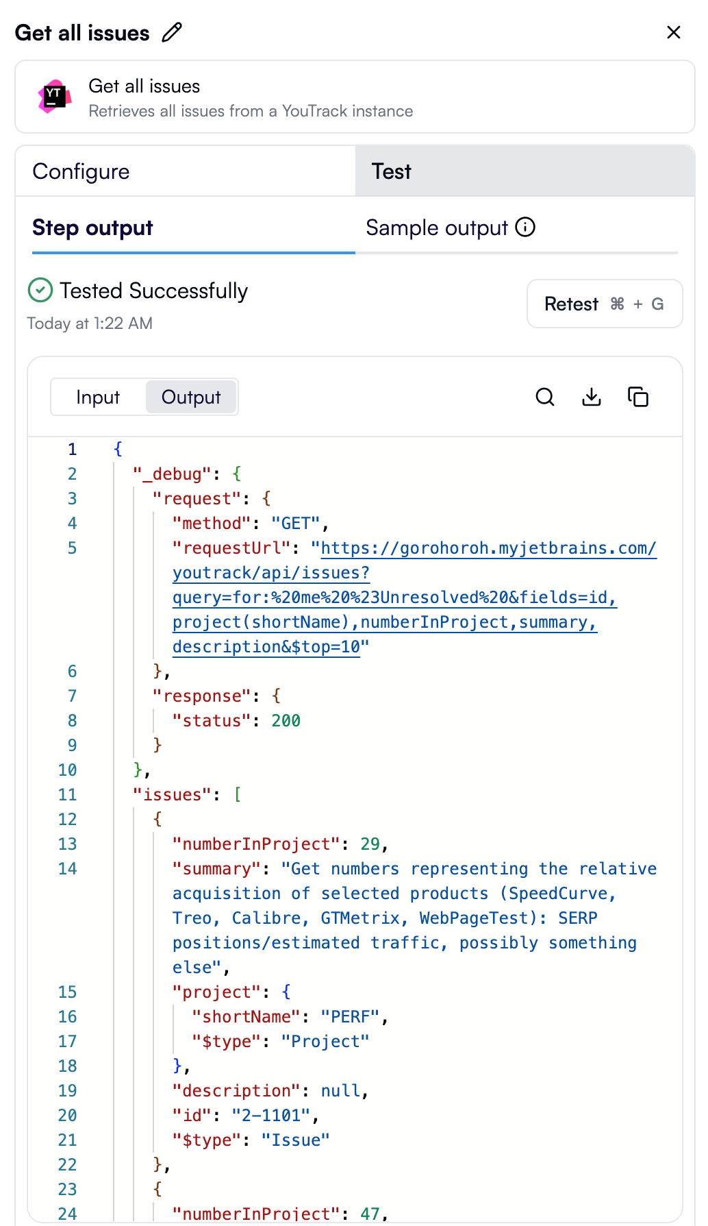 The output of the Get All Issues action