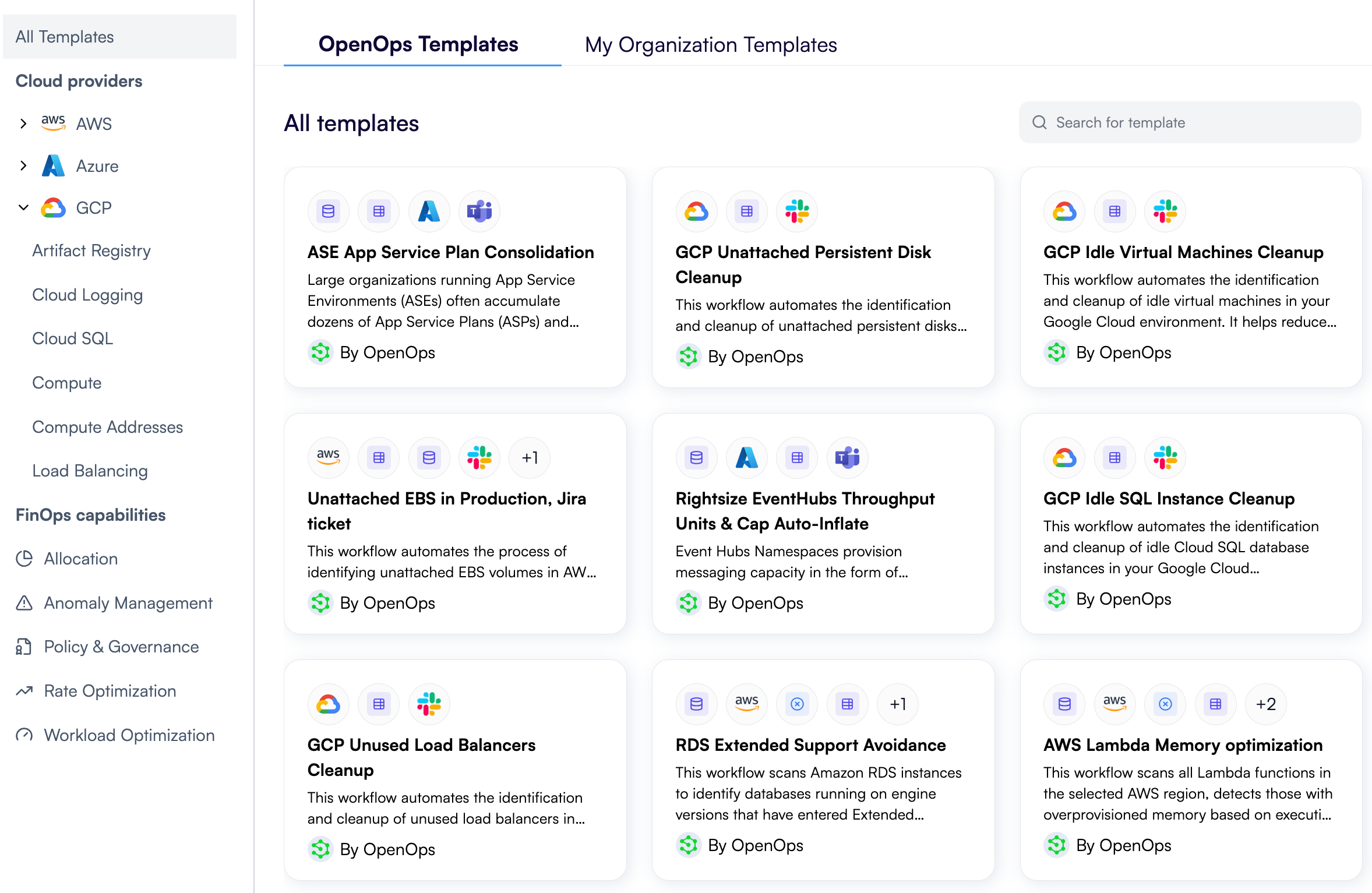 OpenOps template catalog after signing up with OpenOps Cloud