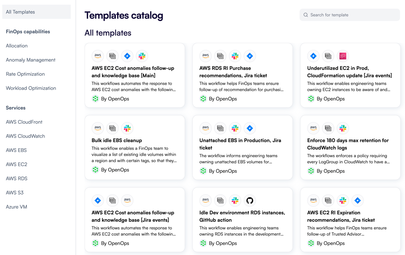 OpenOps Templates Catalog after signing up with OpenOps Cloud