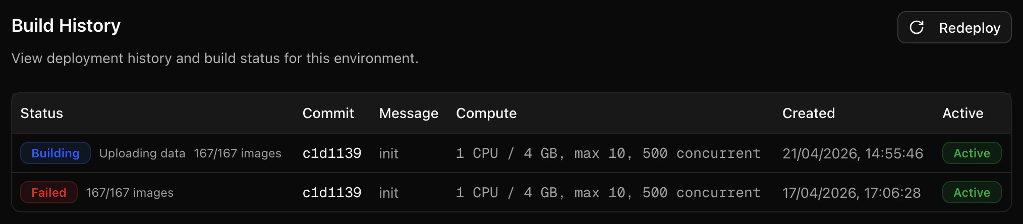 Deployments tab showing harbor build progress with task image counter