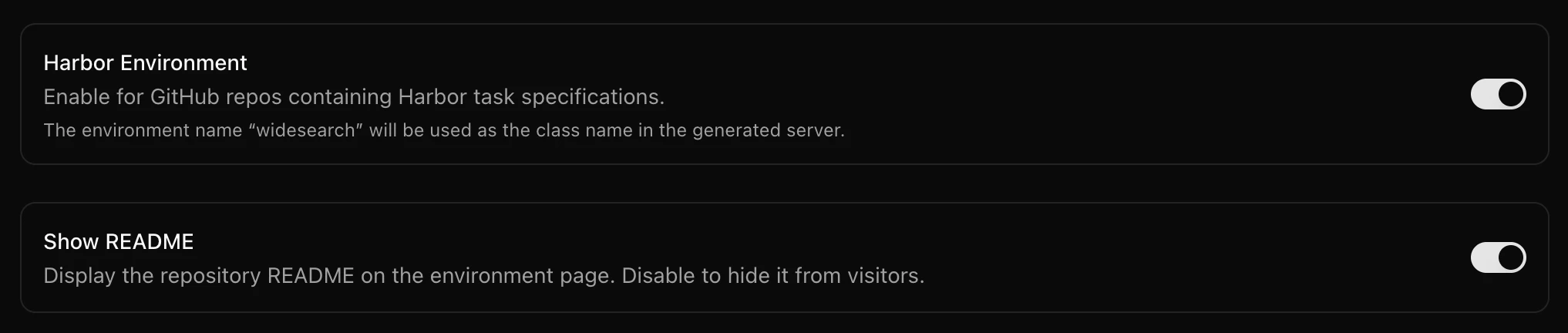 Environment settings page with the Harbor Environment toggle