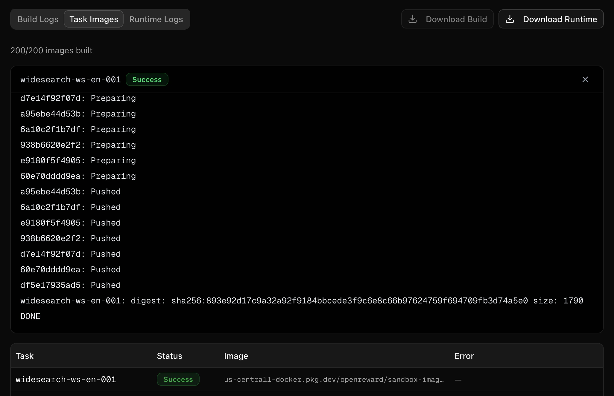 Task Images tab showing per-task build status and expandable logs