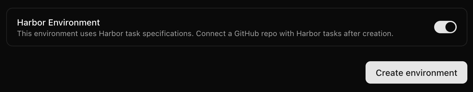 New environment form with the Harbor Environment toggle enabled