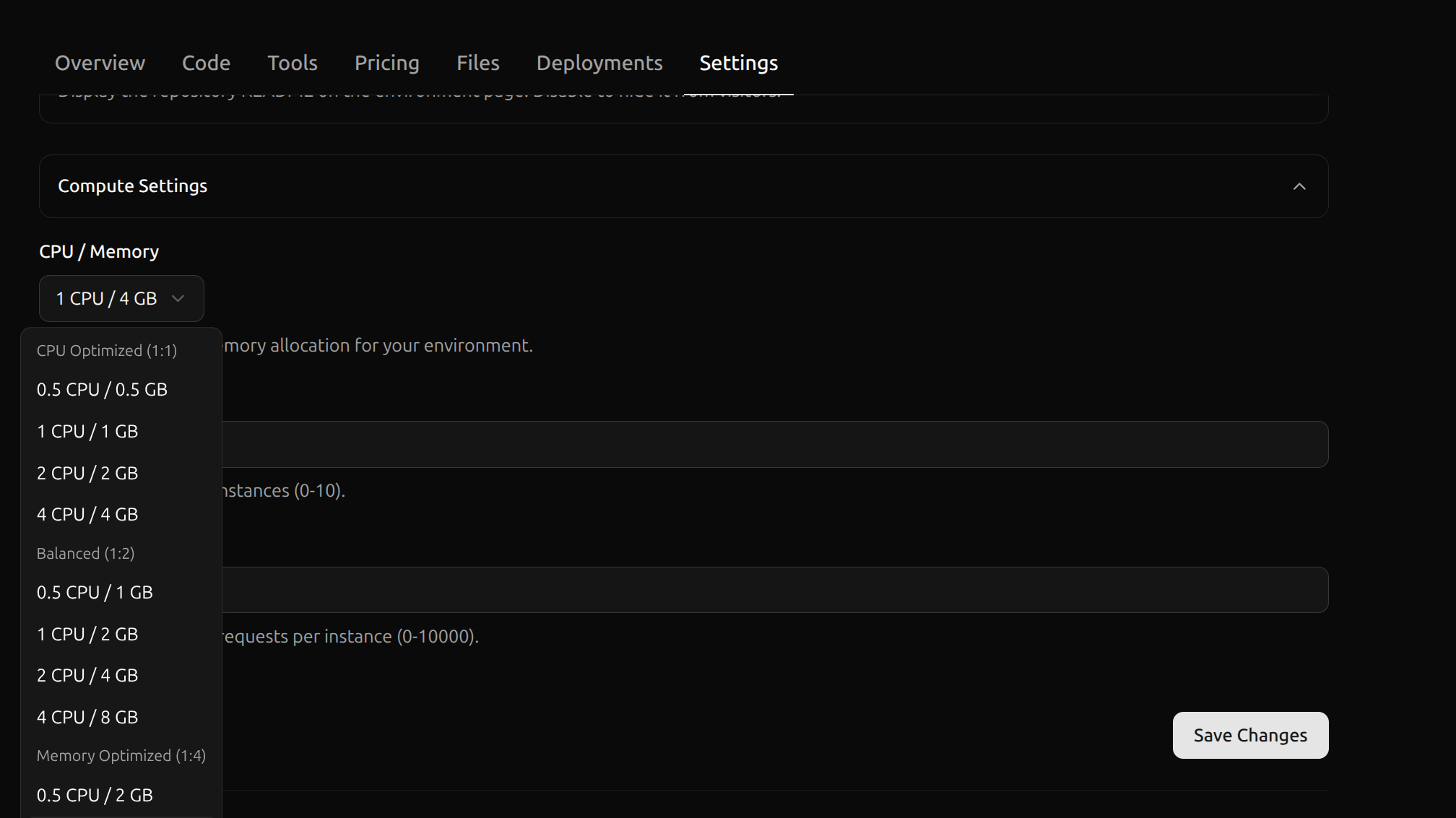 Compute Settings showing CPU and memory options