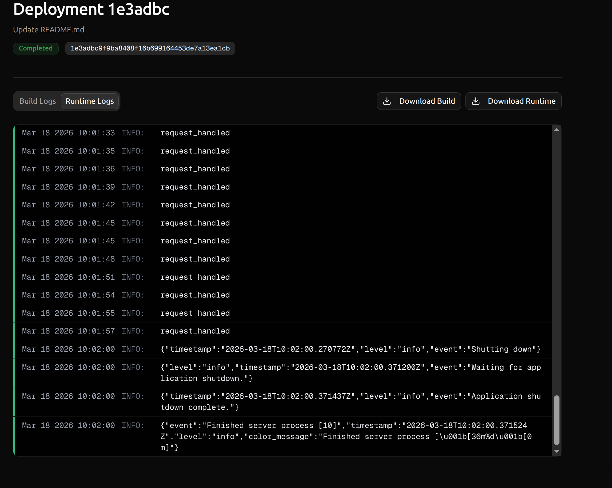 Deployment details showing build and runtime log tabs