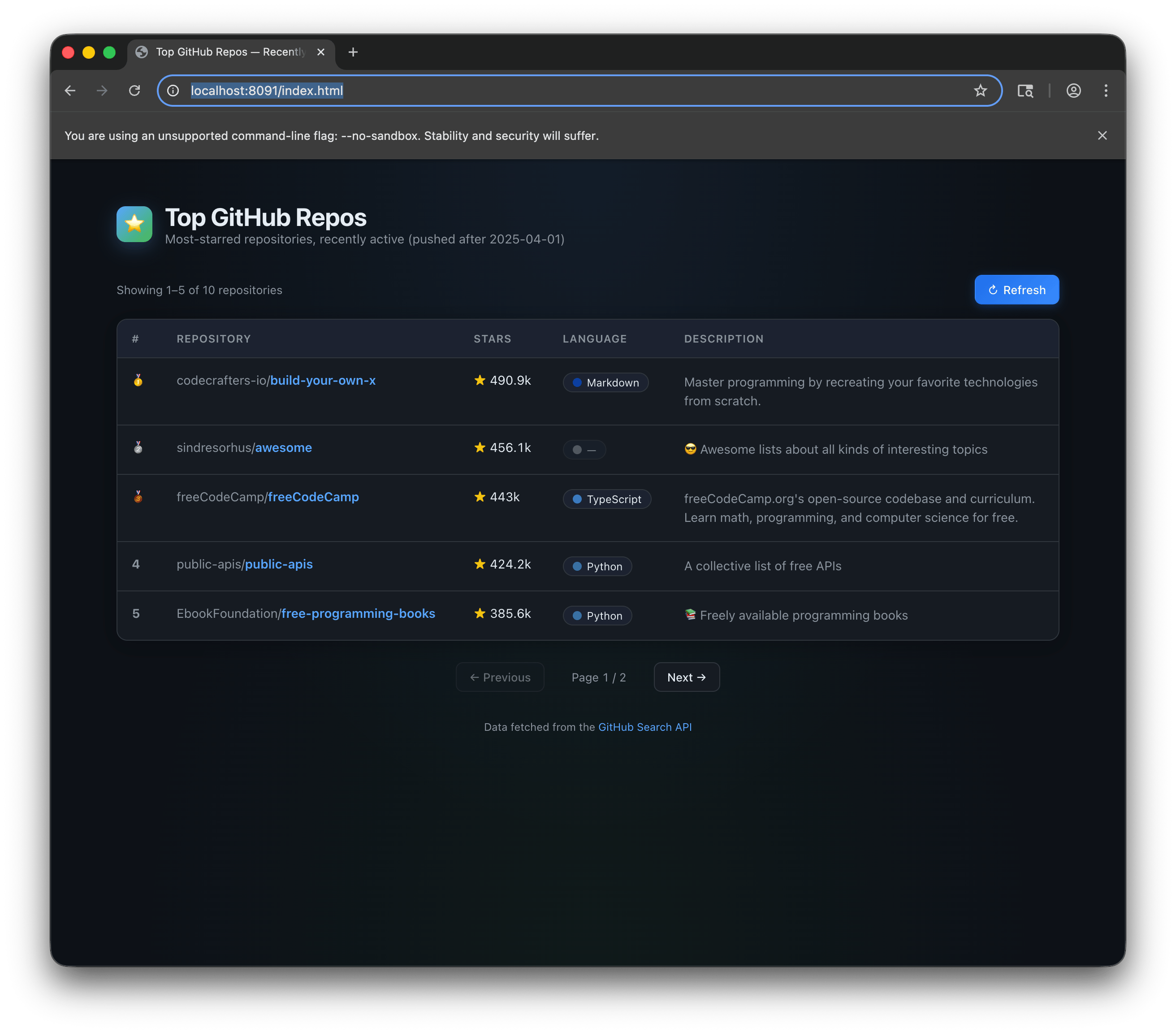 A demo app built by the agent TUI