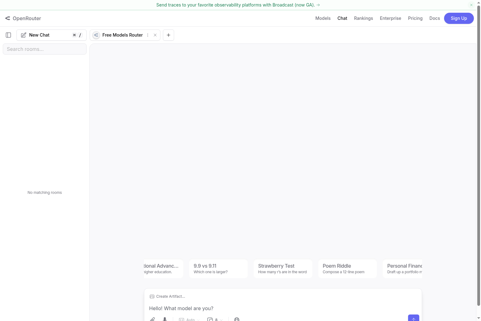 Free Models Router selected in the chat playground