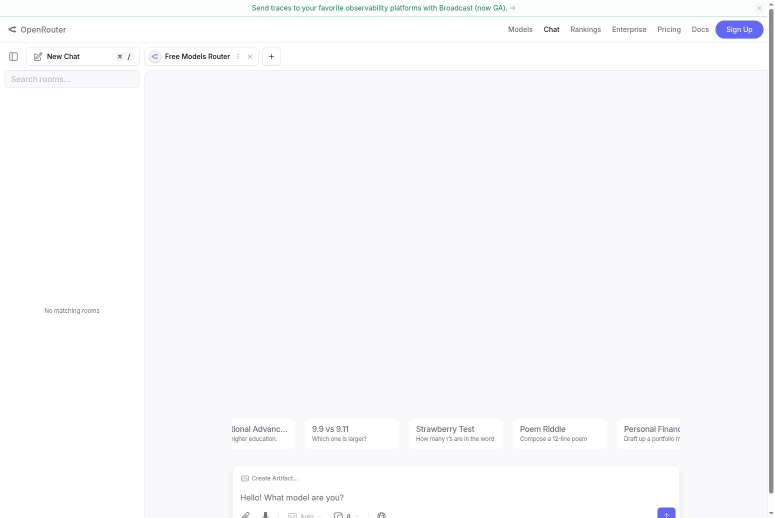 Free Models Router selected in the chat playground