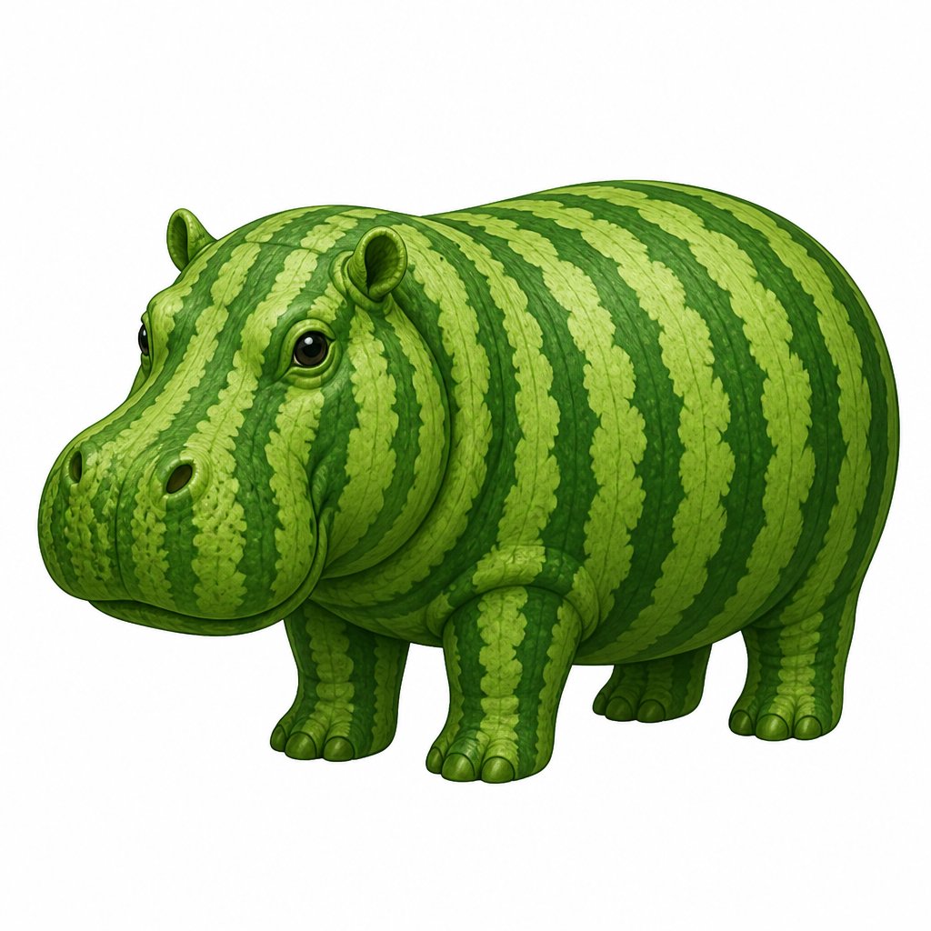 Bare prompt result: generic watermelon-textured hippo on white background
