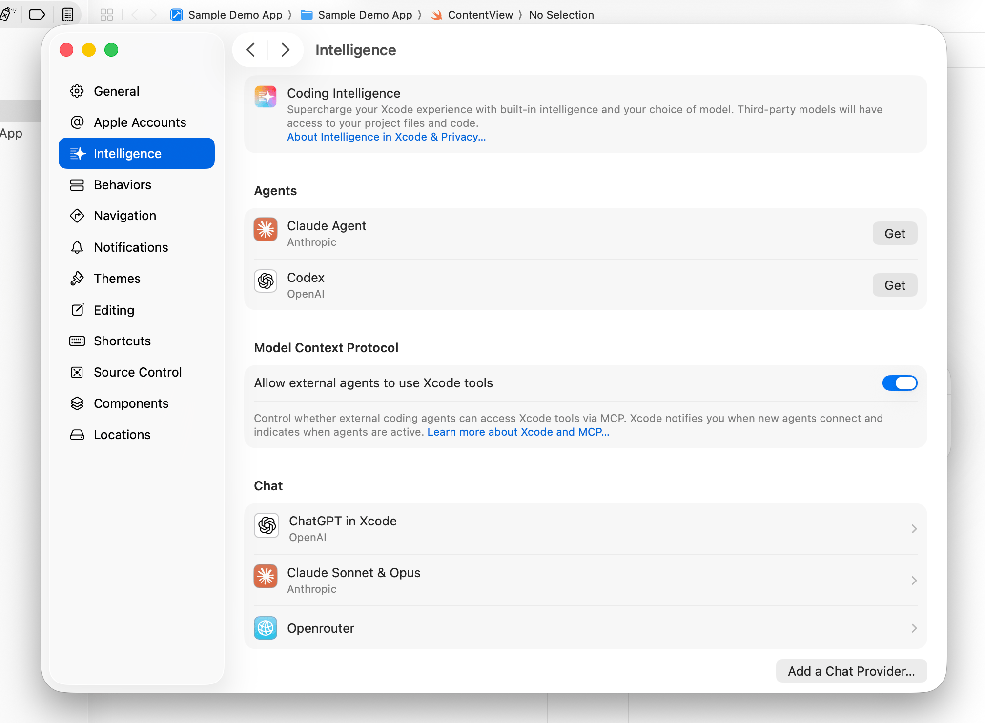 Xcode Intelligence Settings