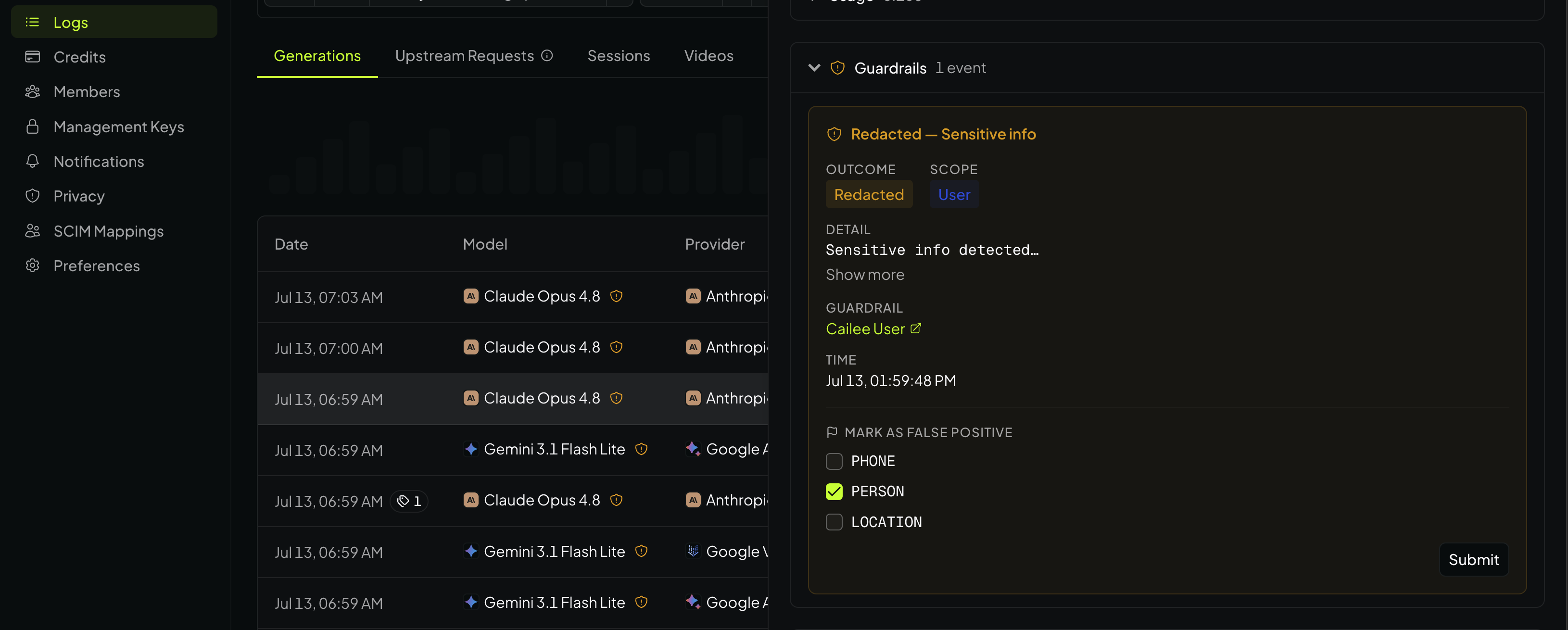 Generation detail view with per-entity Mark as false positive checkboxes for a sensitive info detection