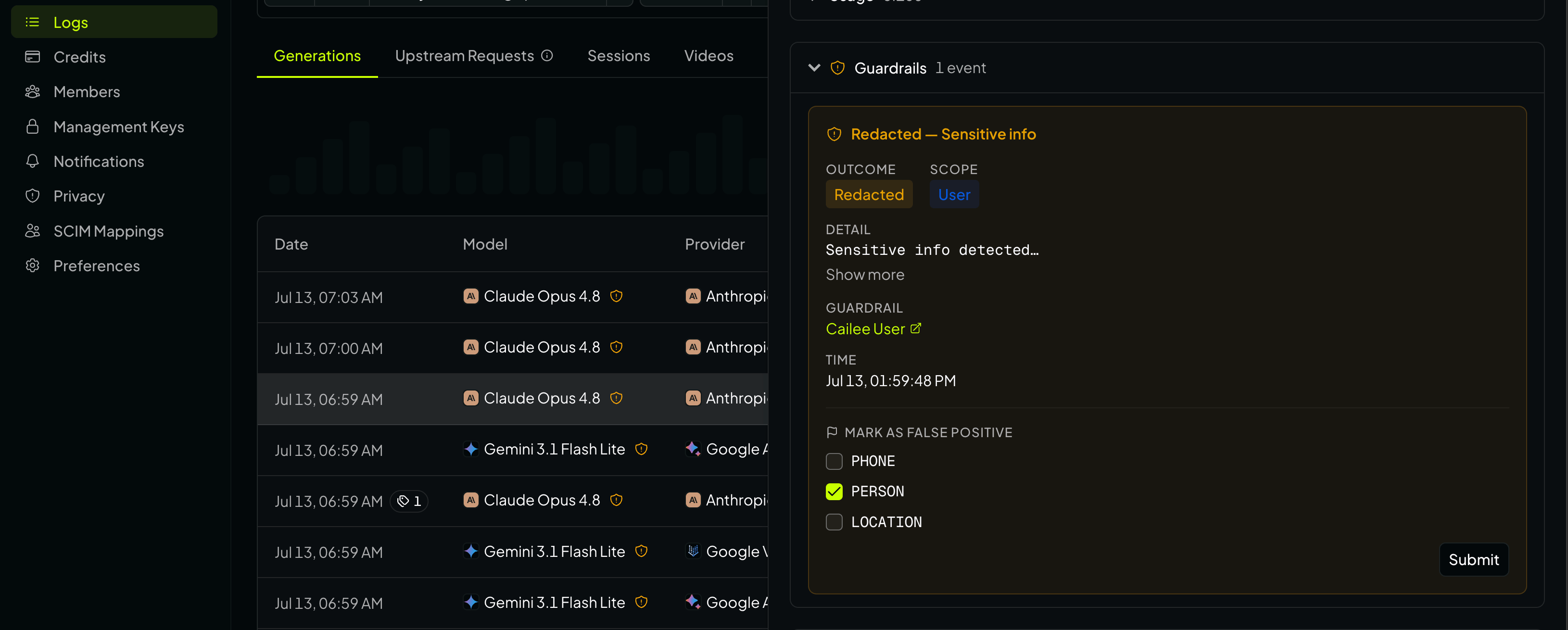 Generation detail view with per-entity Mark as false positive checkboxes for a sensitive info detection