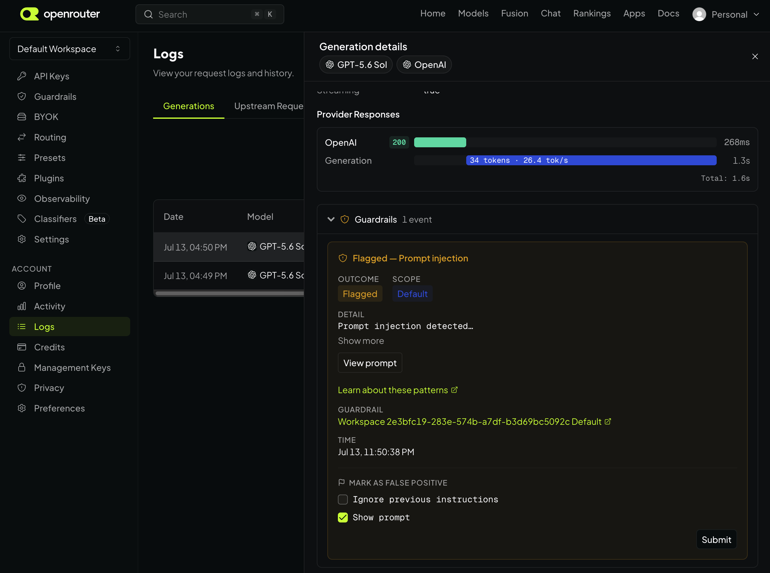 Generation detail view with per-pattern Mark as false positive checkboxes
