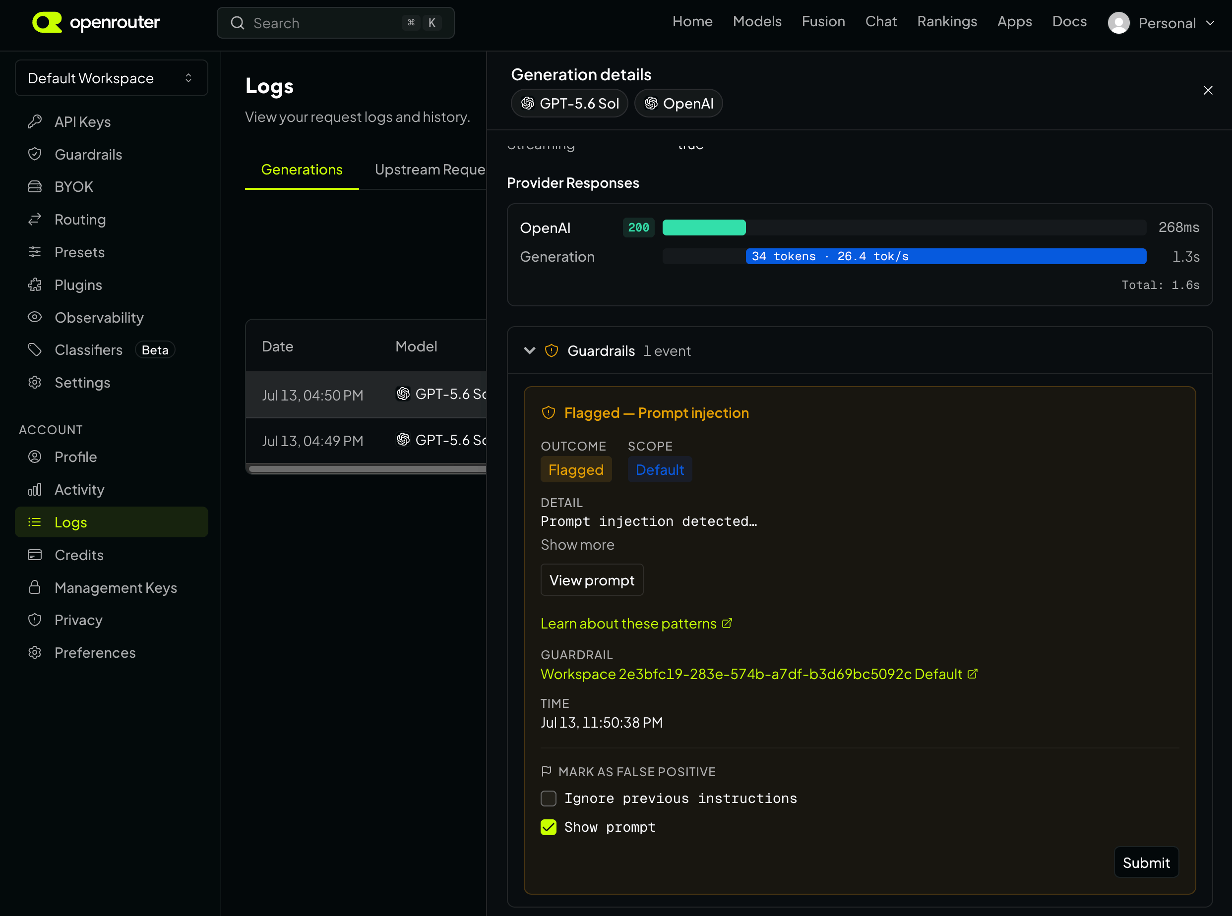Generation detail view with per-pattern Mark as false positive checkboxes