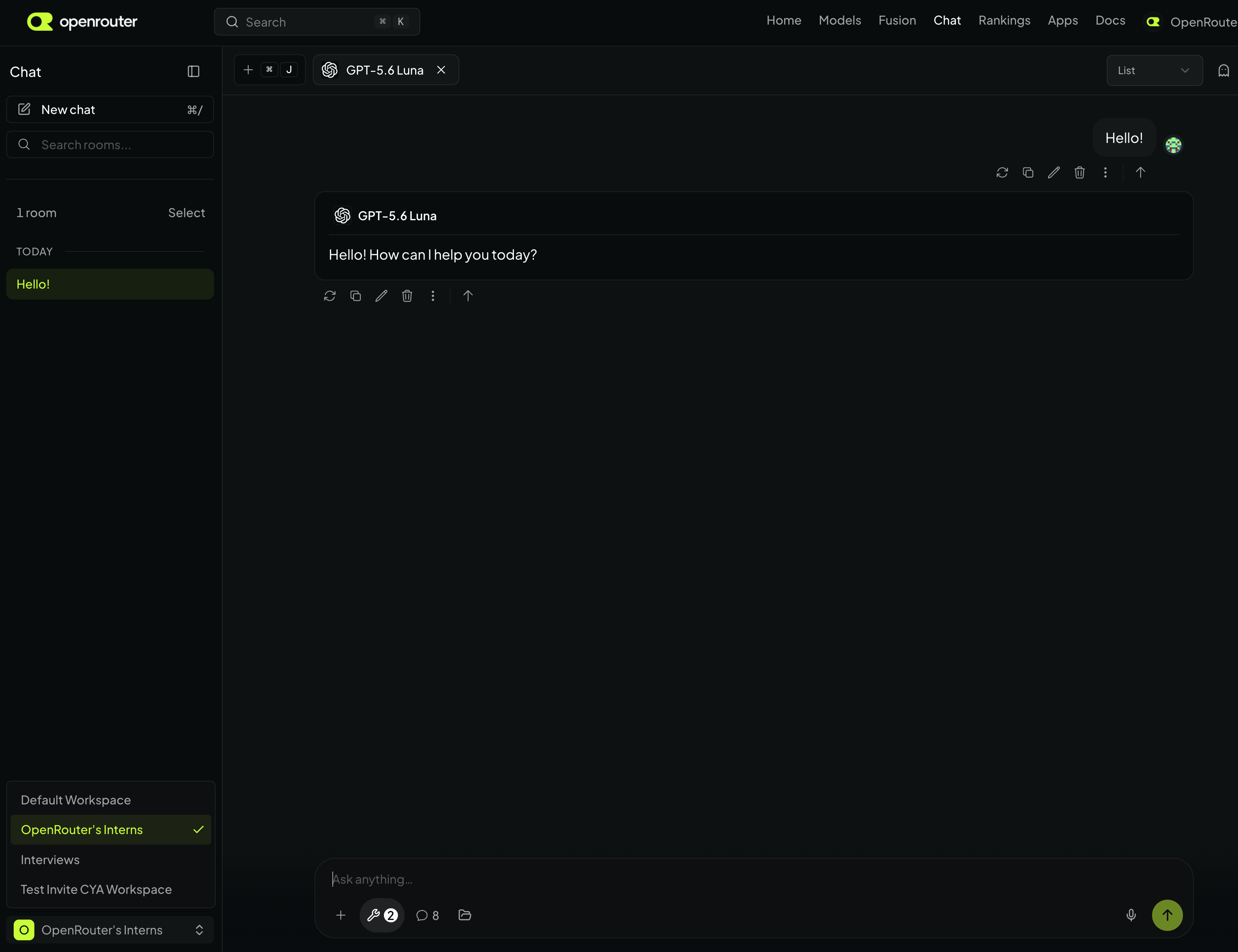 Workspace switcher open in the Chat sidebar, listing the workspaces the member belongs to