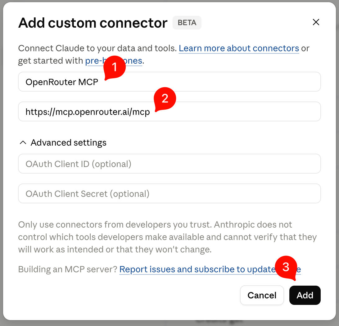 Claude's Add custom connector dialog with the Name set to OpenRouter MCP and the Remote MCP server URL set to https://mcp.openrouter.ai/mcp