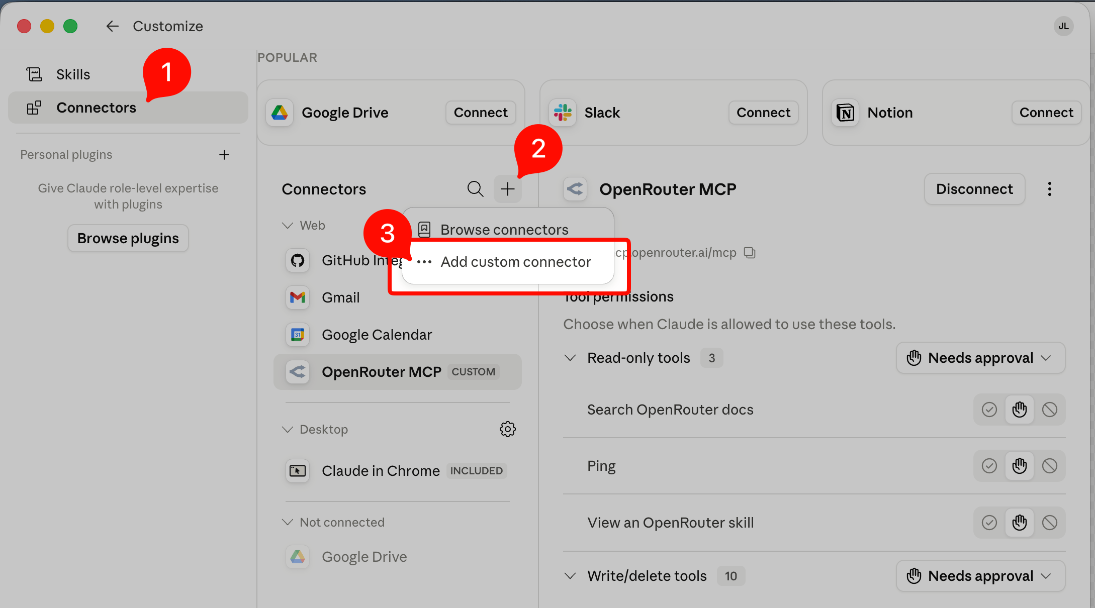 Claude's Connectors page with the + menu open and Add custom connector highlighted
