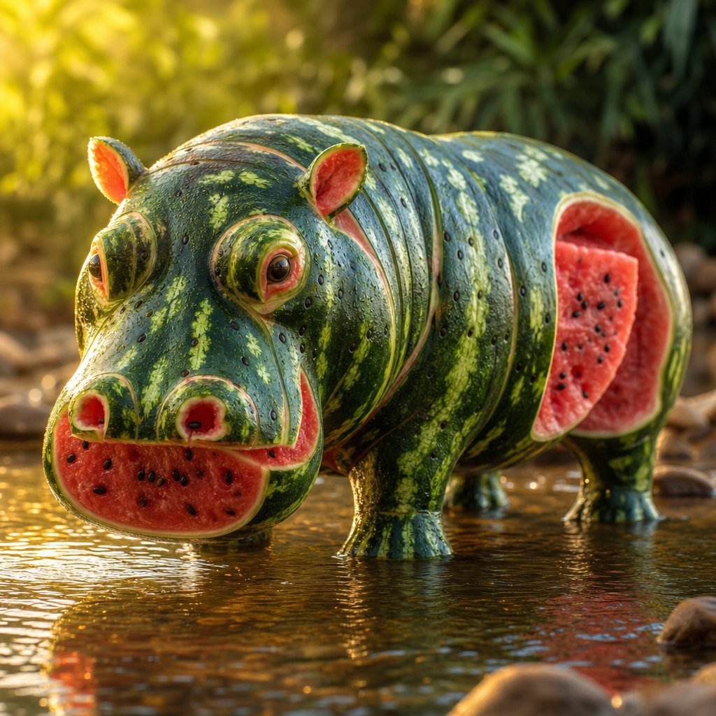Enhanced prompt result: photorealistic watermelon hippo sculpture standing in a river at golden hour