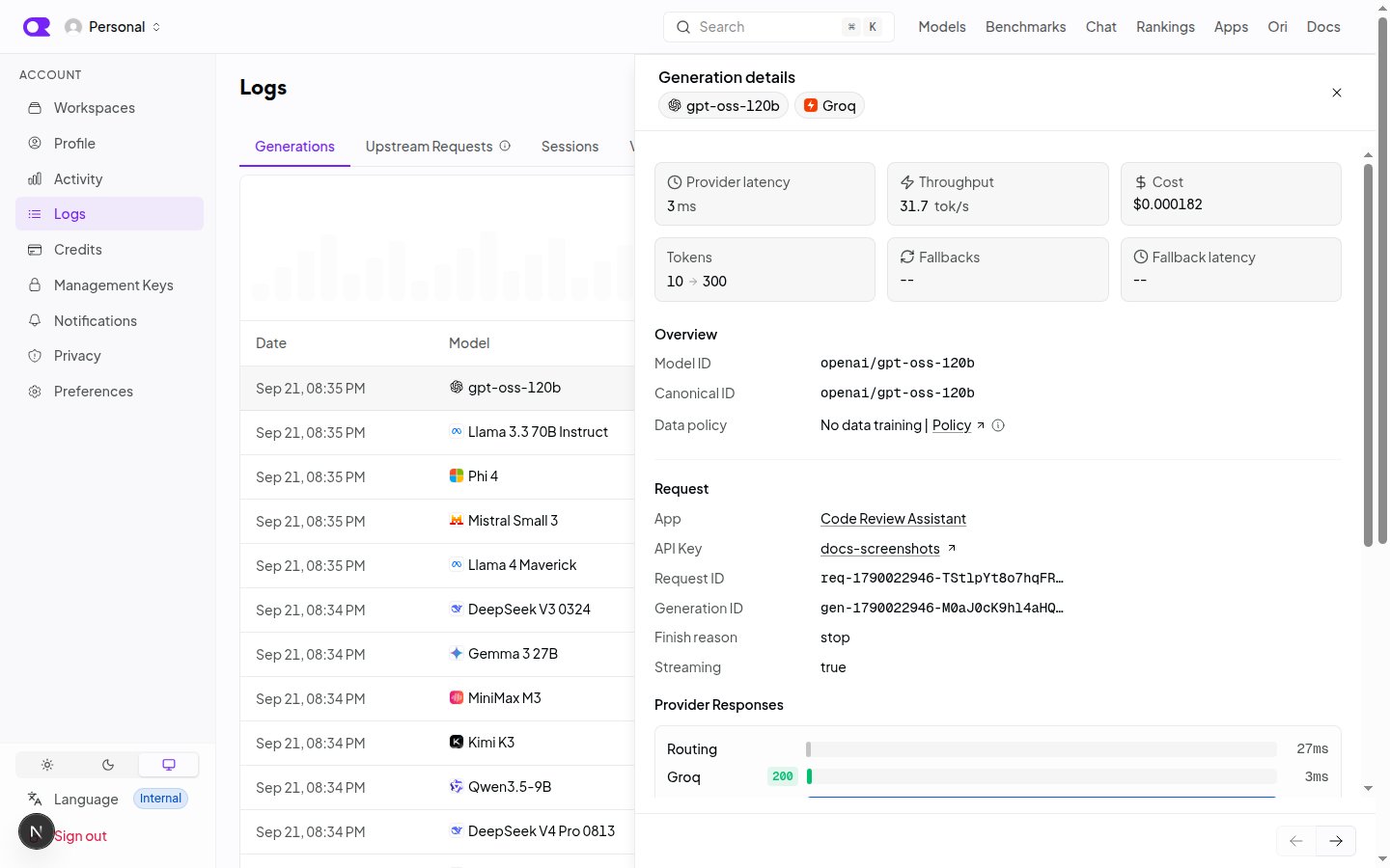 The generation detail sheet showing latency, cost, token counts, request metadata, and the provider response waterfall