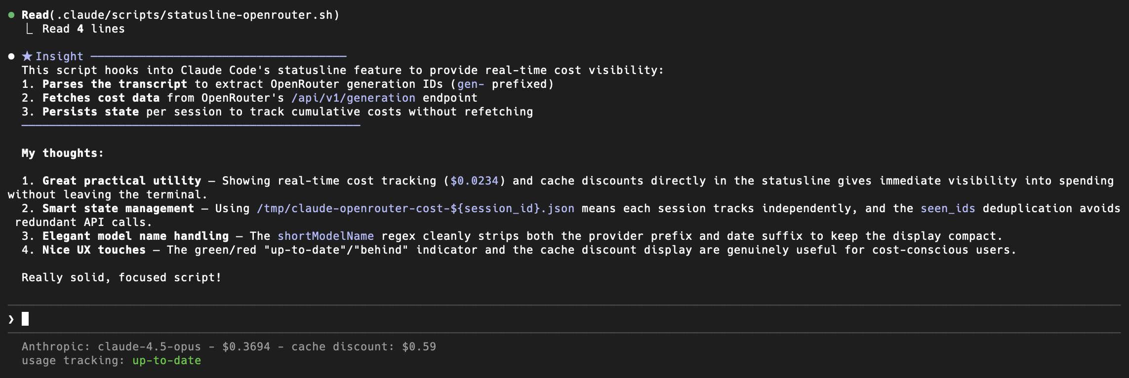 Claude Code statusline showing OpenRouter cost tracking