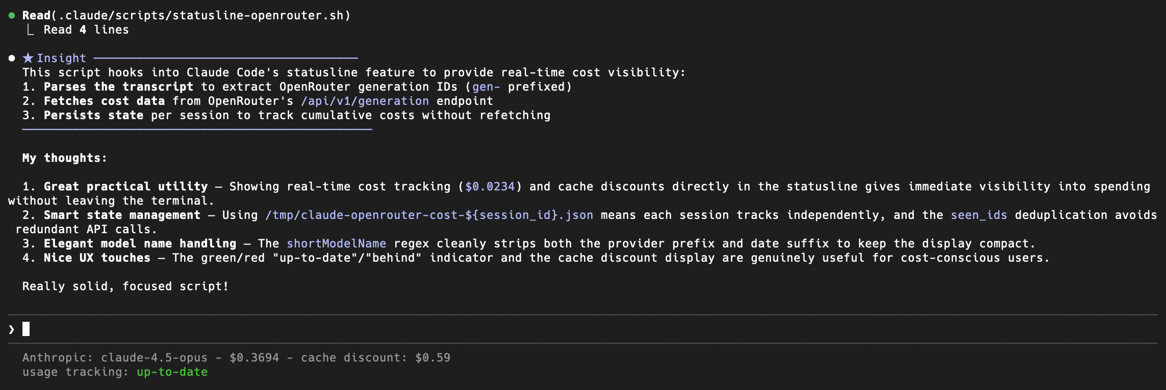 Claude Code statusline showing OpenRouter cost tracking
