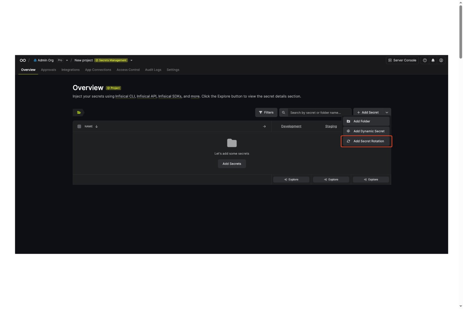 Infisical dashboard showing the Add Secret Rotation option