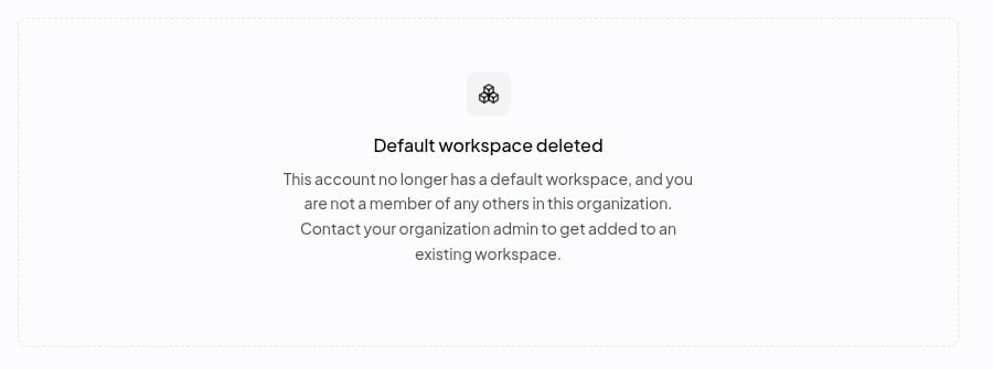 The "Default workspace deleted" page shown to a member who doesn't belong to any other workspace