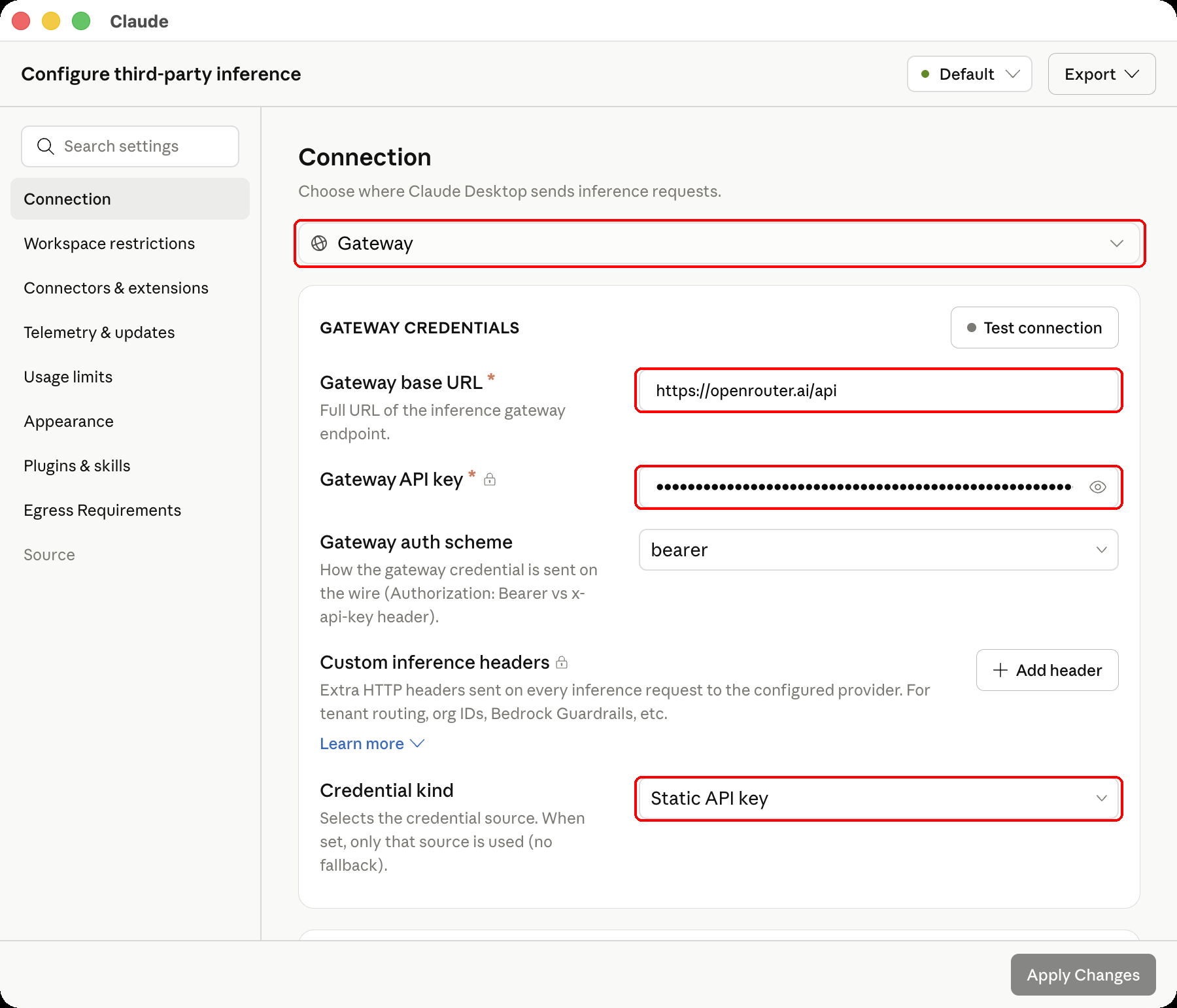 Claude Desktop third-party inference configuration panel showing Gateway selected with OpenRouter credentials